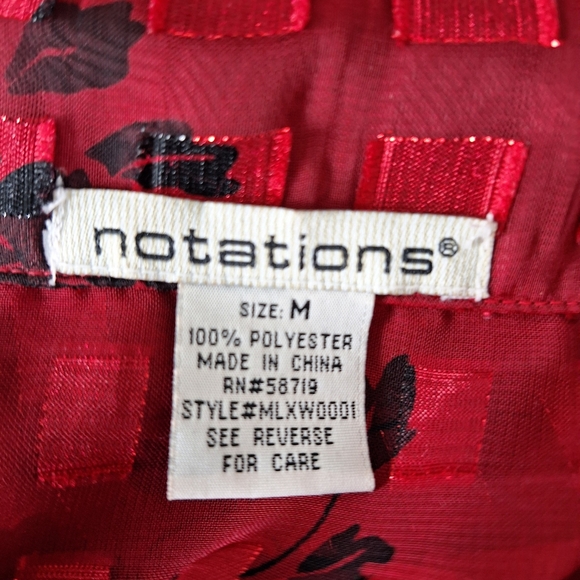 Notations Red Black Floral Romantic Academia Sheer Bell Sleeve Blouse Size M - Picture 9 of 12